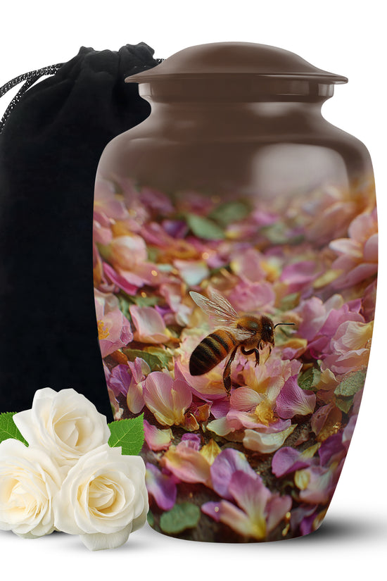 Gilded Gold Bee Cremation Urn angled view of lid and engraved motif - classic sculpted bee pattern on smooth aluminum - full-size 10 inch 200 cubic inch adult cremation urn