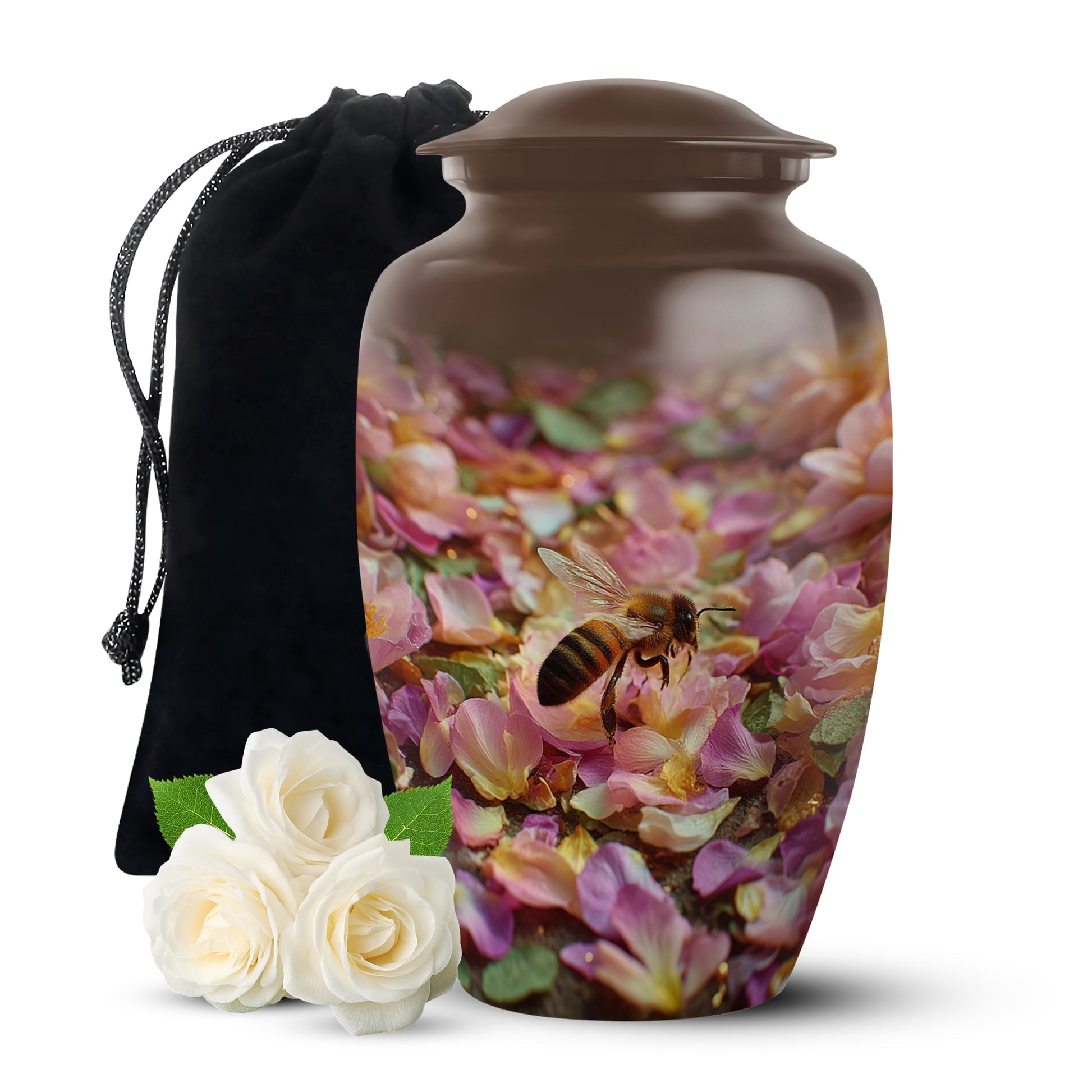 Gilded Gold Bee Cremation Urn angled view of lid and engraved motif - classic sculpted bee pattern on smooth aluminum - full-size 10 inch 200 cubic inch adult cremation urn