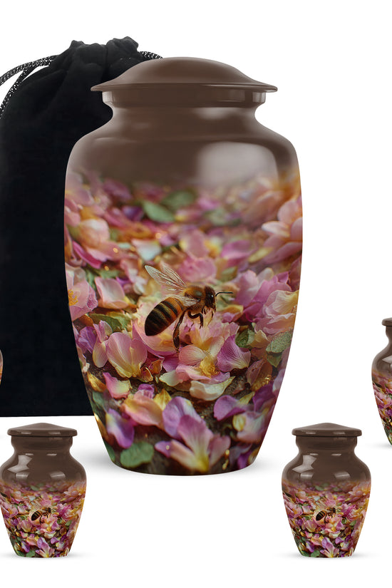 Amber Gold Bee Cremation Urn top-down view of secure threaded lid - classic sculpted bee pattern on smooth aluminum - memorial set with one large and four small urns