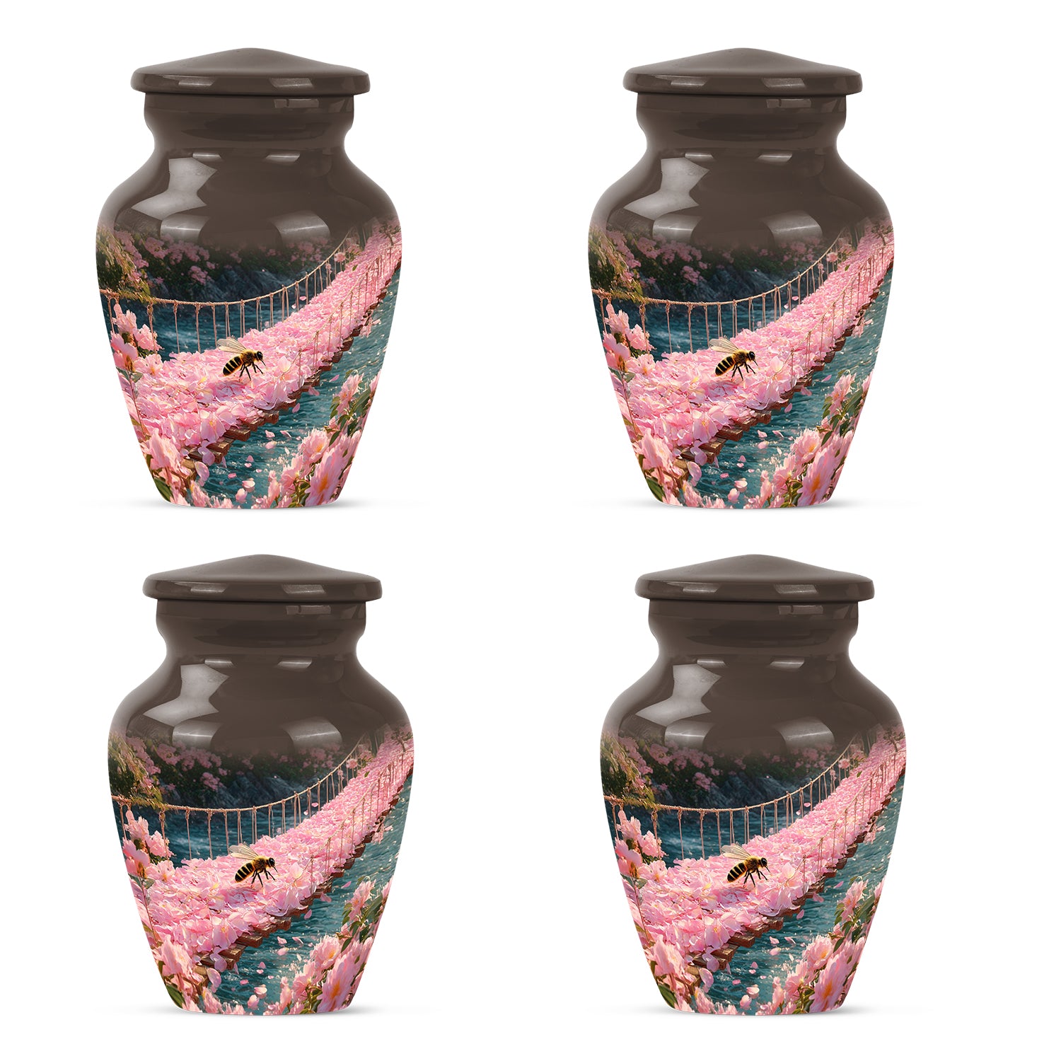 Champagne Gold Bee Cremation Urn side profile showing urn shape - timeless bee motif etched into premium metal - 10 inch aluminum urn for cremated remains