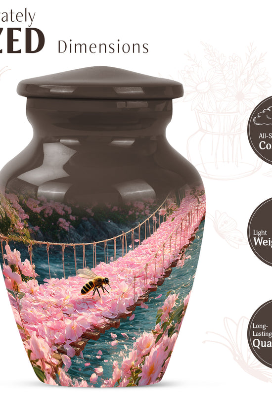 Burnished Gold Bee Cremation Urn close-up of engraving and surface detail - elegant classic bee relief with fine detailing - mini keepsake memorial for portion of cremation ashes