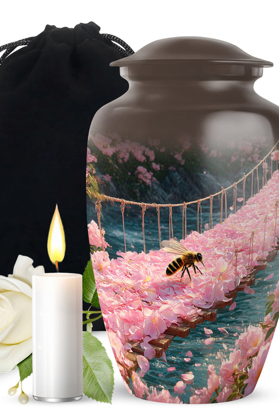 Champagne Gold Bee Cremation Urn angled view of lid and engraved motif - timeless bee motif etched into premium metal - full-size 10 inch 200 cubic inch adult cremation urn