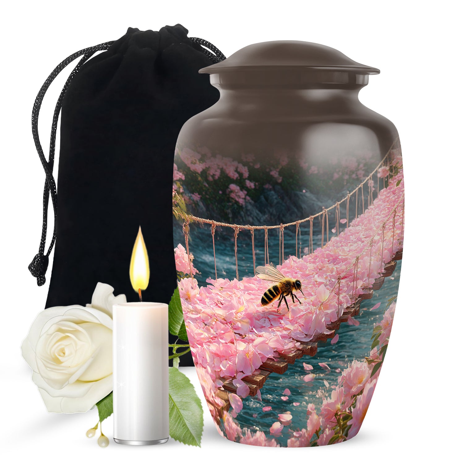 Champagne Gold Bee Cremation Urn angled view of lid and engraved motif - timeless bee motif etched into premium metal - full-size 10 inch 200 cubic inch adult cremation urn