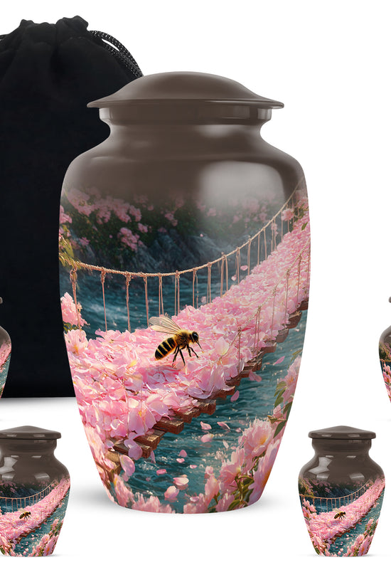 Gilded Gold Bee Cremation Urn top-down view of secure threaded lid - classic sculpted bee pattern on smooth aluminum - memorial set with one large and four small urns