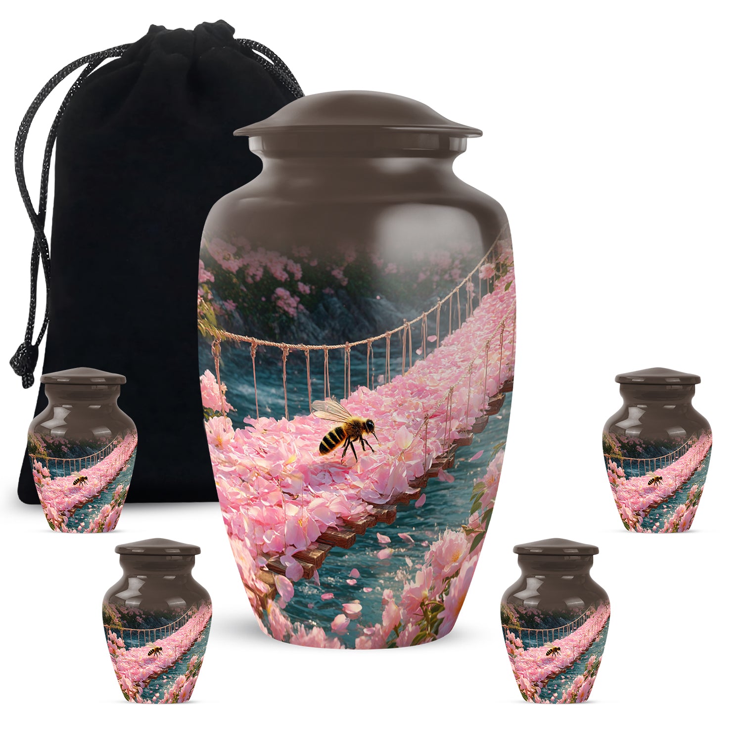 Gilded Gold Bee Cremation Urn top-down view of secure threaded lid - classic sculpted bee pattern on smooth aluminum - memorial set with one large and four small urns