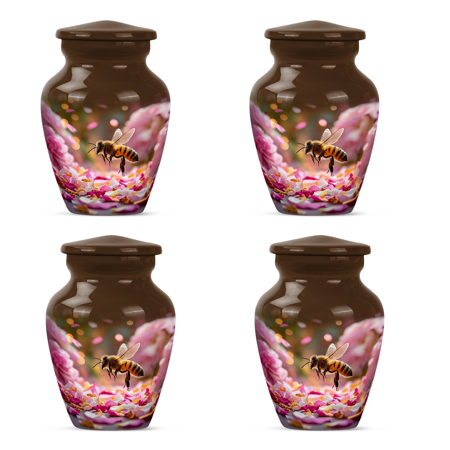 Matte Gold Bee Cremation Urn side profile showing urn shape - elegant classic bee relief with fine detailing - 10 inch aluminum urn for cremated remains