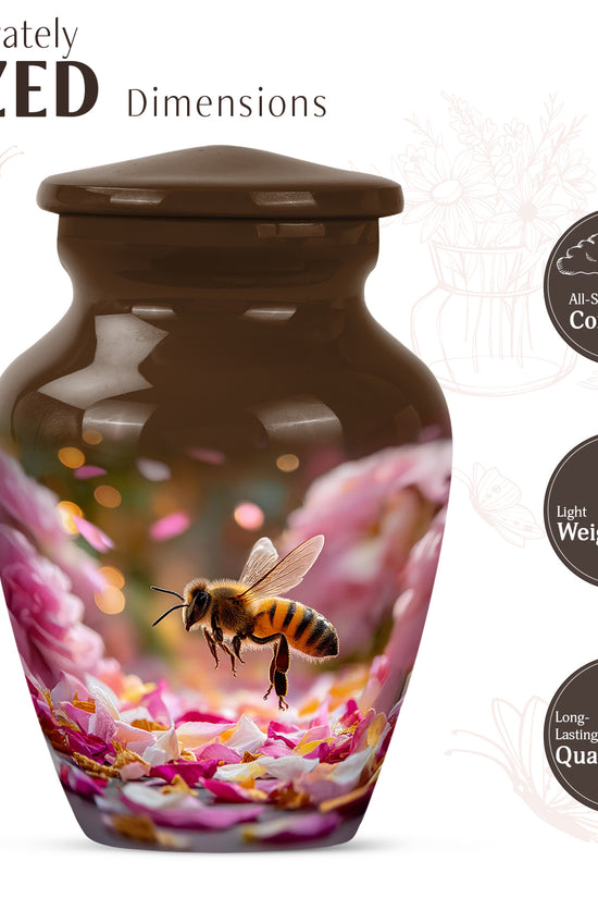 Amber Gold Bee Cremation Urn close-up of engraving and surface detail - timeless bee motif etched into premium metal - mini keepsake memorial for portion of cremation ashes