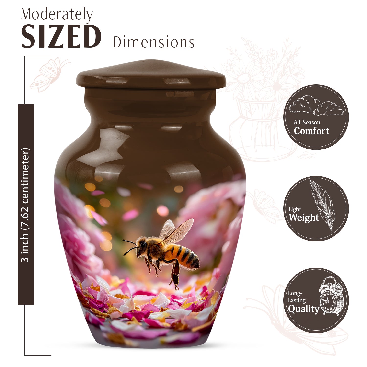 Amber Gold Bee Cremation Urn close-up of engraving and surface detail - timeless bee motif etched into premium metal - mini keepsake memorial for portion of cremation ashes