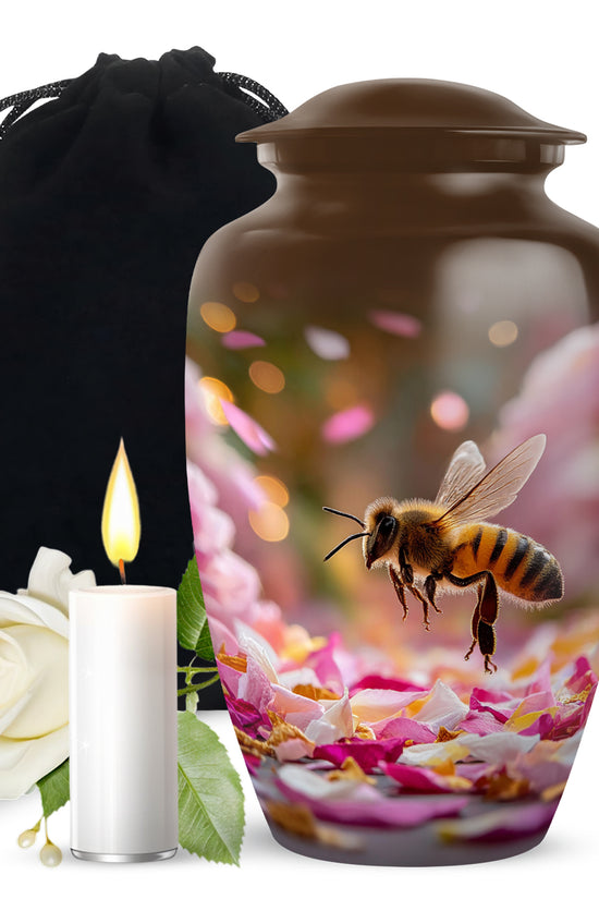 Burnished Gold Bee Cremation Urn angled view of lid and engraved motif - elegant classic bee relief with fine detailing - full-size 10 inch 200 cubic inch adult cremation urn