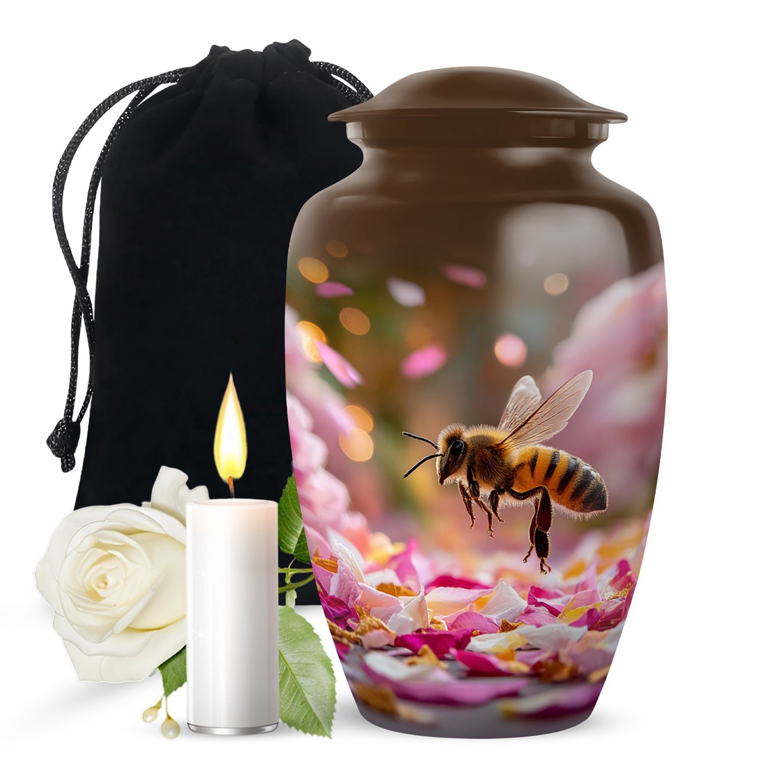 Burnished Gold Bee Cremation Urn angled view of lid and engraved motif - elegant classic bee relief with fine detailing - full-size 10 inch 200 cubic inch adult cremation urn