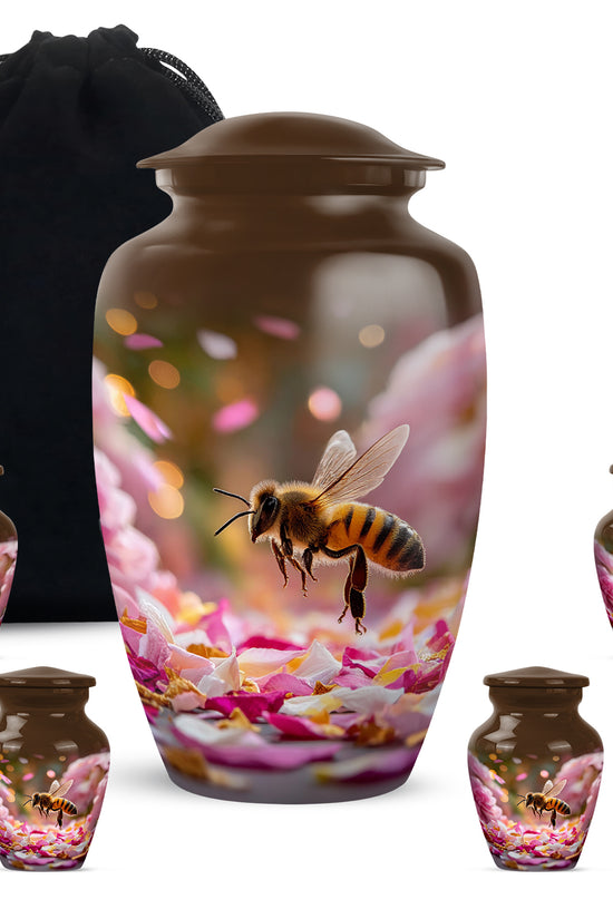 Champagne Gold Bee Cremation Urn top-down view of secure threaded lid - classic sculpted bee pattern on smooth aluminum - memorial set with one large and four small urns