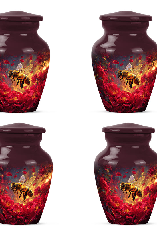 Peony Pink Bee Cremation Urn side profile showing urn shape - classic sculpted bee pattern on smooth aluminum - 10 inch aluminum urn for cremated remains