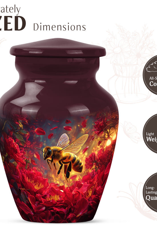 Peony Pink Bee Cremation Urn close-up of engraving and surface detail - timeless bee motif etched into premium metal - mini keepsake memorial for portion of cremation ashes