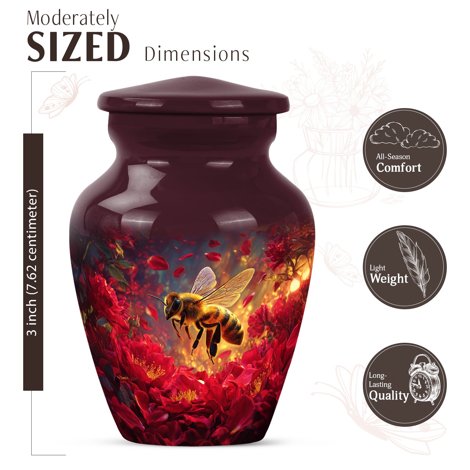 Peony Pink Bee Cremation Urn close-up of engraving and surface detail - timeless bee motif etched into premium metal - mini keepsake memorial for portion of cremation ashes