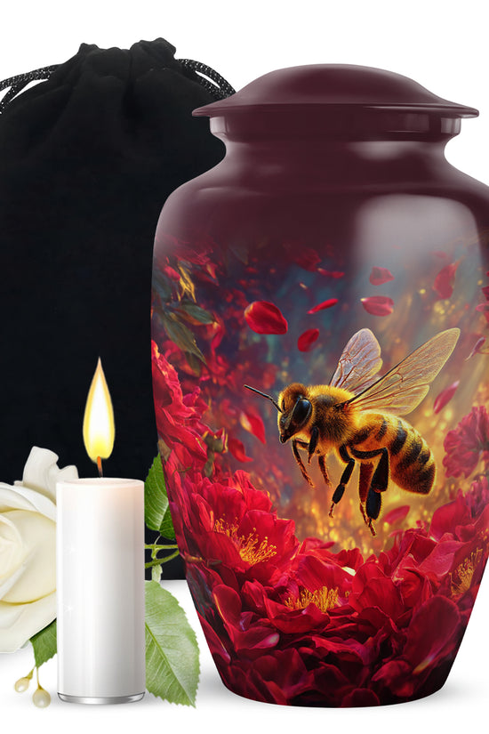 Peony Pink Bee Cremation Urn angled view of lid and engraved motif - timeless bee motif etched into premium metal - full-size 10 inch 200 cubic inch adult cremation urn