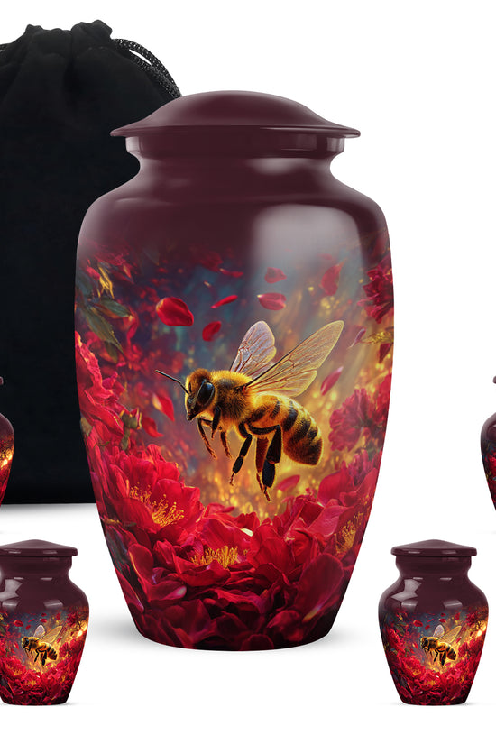 Salmon Pink Bee Cremation Urn top-down view of secure threaded lid - traditional bee engraving with hand-polished finish - memorial set with one large and four small urns