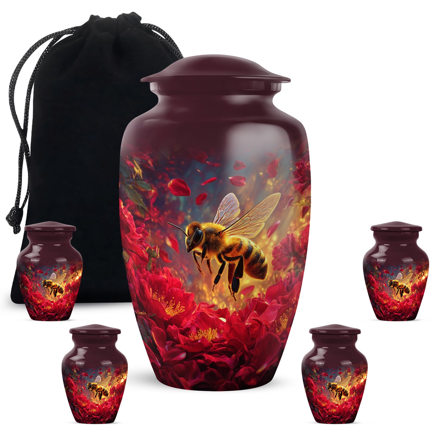 Salmon Pink Bee Cremation Urn top-down view of secure threaded lid - traditional bee engraving with hand-polished finish - memorial set with one large and four small urns