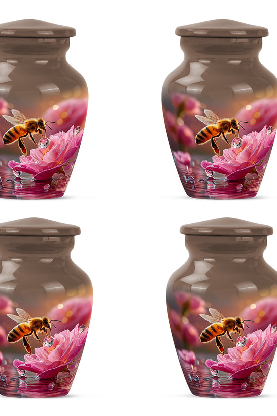 Royal Gold Bee Cremation Urn side profile showing urn shape - traditional bee engraving with hand-polished finish - 10 inch aluminum urn for cremated remains
