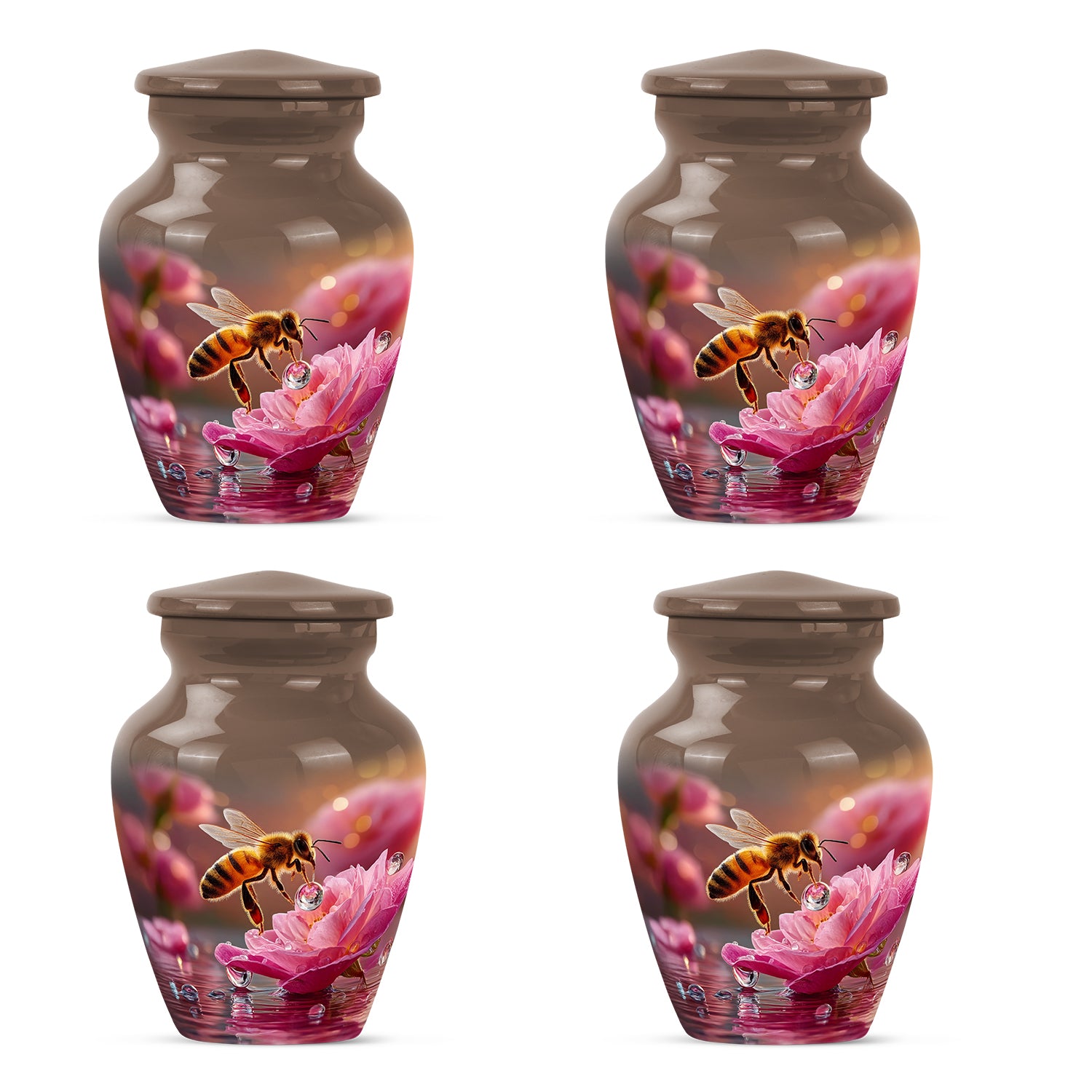 Royal Gold Bee Cremation Urn side profile showing urn shape - traditional bee engraving with hand-polished finish - 10 inch aluminum urn for cremated remains