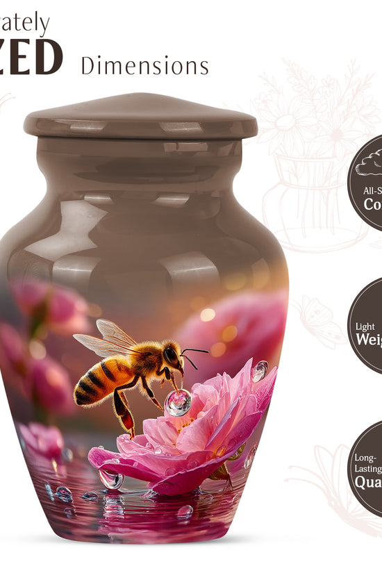 Champagne Gold Bee Cremation Urn close-up of engraving and surface detail - timeless bee motif etched into premium metal - mini keepsake memorial for portion of cremation ashes