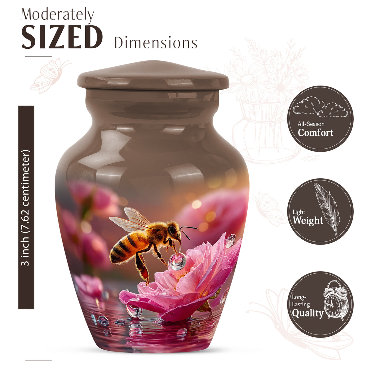 Champagne Gold Bee Cremation Urn close-up of engraving and surface detail - timeless bee motif etched into premium metal - mini keepsake memorial for portion of cremation ashes