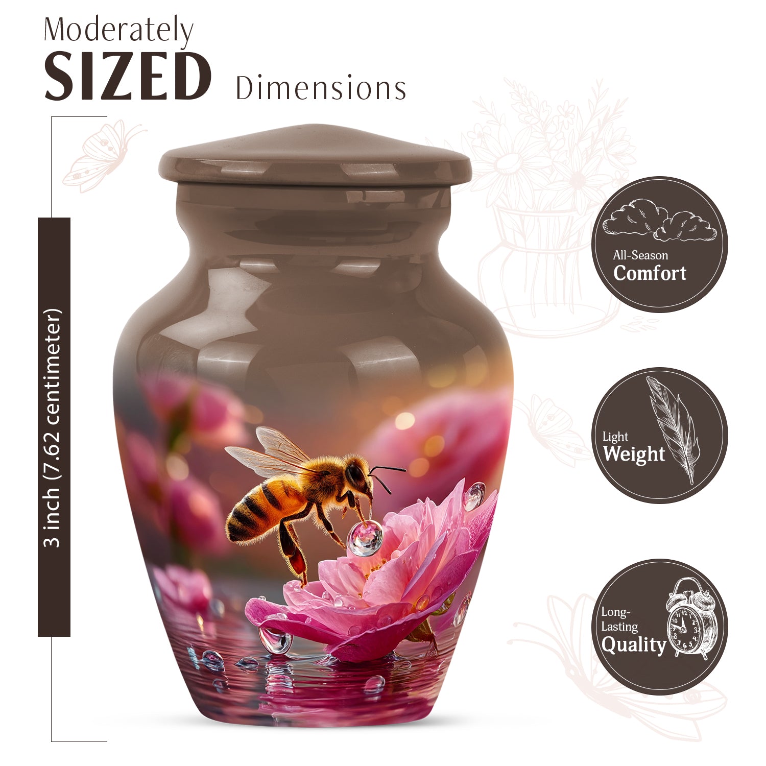 Champagne Gold Bee Cremation Urn close-up of engraving and surface detail - timeless bee motif etched into premium metal - mini keepsake memorial for portion of cremation ashes