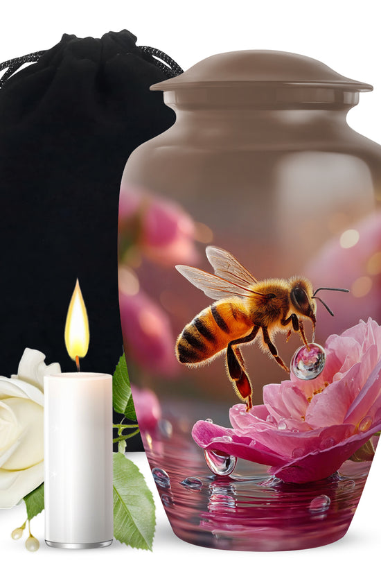 Champagne Gold Bee Cremation Urn angled view of lid and engraved motif - classic sculpted bee pattern on smooth aluminum - full-size 10 inch 200 cubic inch adult cremation urn