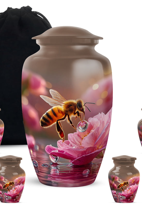 Champagne Gold Bee Cremation Urn top-down view of secure threaded lid - classic sculpted bee pattern on smooth aluminum - memorial set with one large and four small urns