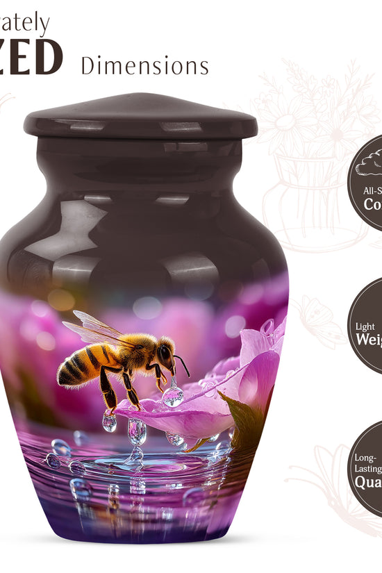Crimson Red Bee Cremation Urn close-up of engraving and surface detail - timeless bee motif etched into premium metal - mini keepsake memorial for portion of cremation ashes