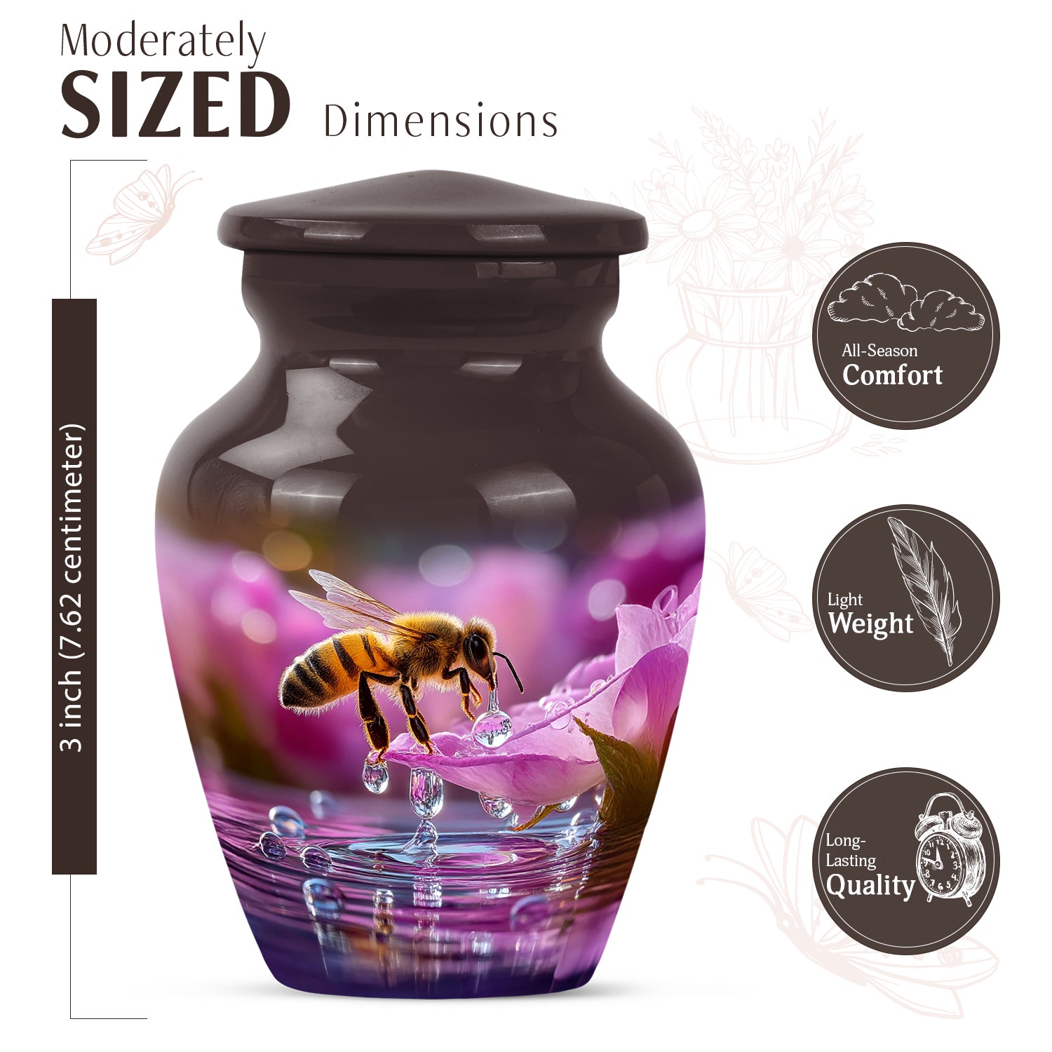 Crimson Red Bee Cremation Urn close-up of engraving and surface detail - timeless bee motif etched into premium metal - mini keepsake memorial for portion of cremation ashes