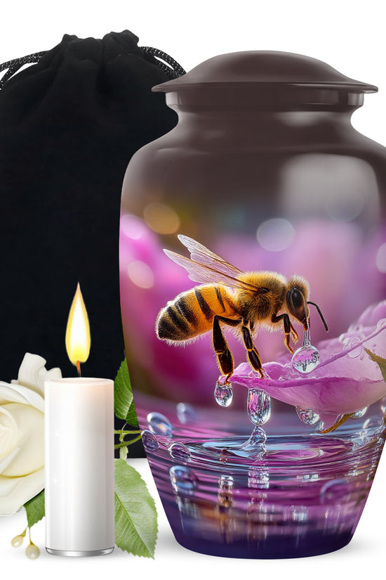 Cherry Red Bee Cremation Urn angled view of lid and engraved motif - elegant classic bee relief with fine detailing - full-size 10 inch 200 cubic inch adult cremation urn