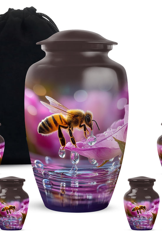 Ruby Red Bee Cremation Urn top-down view of secure threaded lid - elegant classic bee relief with fine detailing - memorial set with one large and four small urns