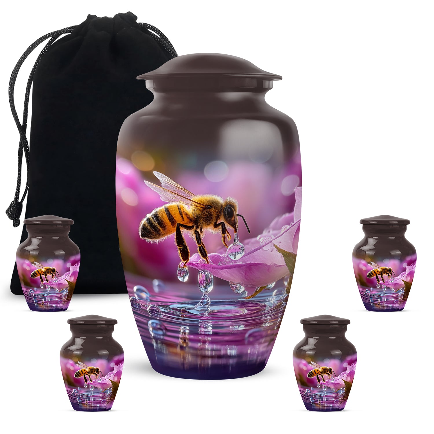 Ruby Red Bee Cremation Urn top-down view of secure threaded lid - elegant classic bee relief with fine detailing - memorial set with one large and four small urns
