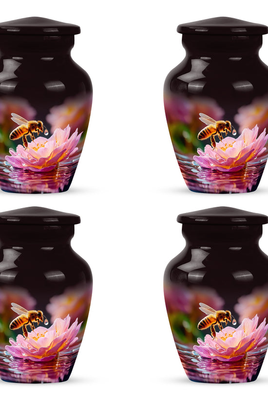 Onyx Black Bee Cremation Urn side profile showing urn shape - traditional bee engraving with hand-polished finish - 10 inch aluminum urn for cremated remains
