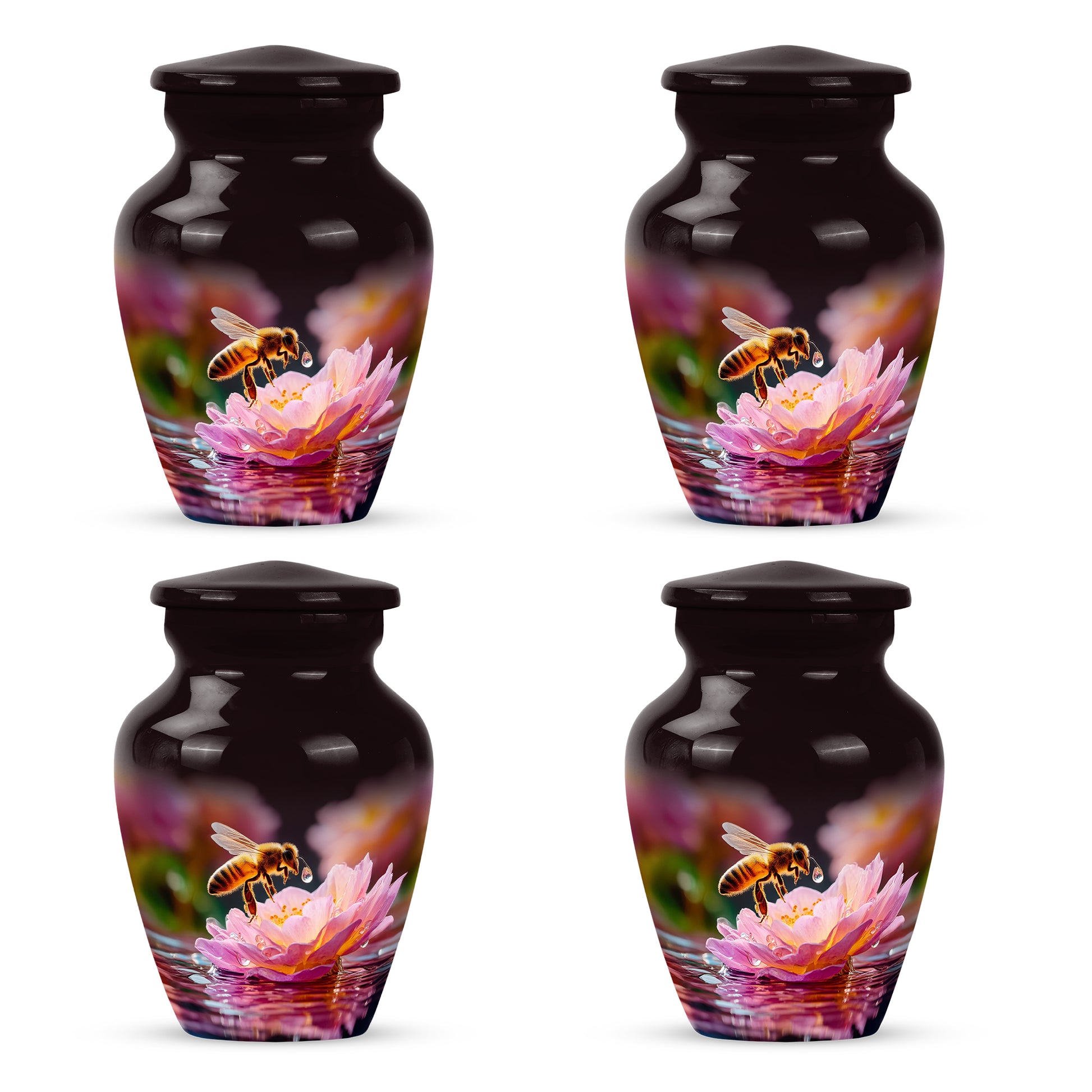 Onyx Black Bee Cremation Urn side profile showing urn shape - traditional bee engraving with hand-polished finish - 10 inch aluminum urn for cremated remains