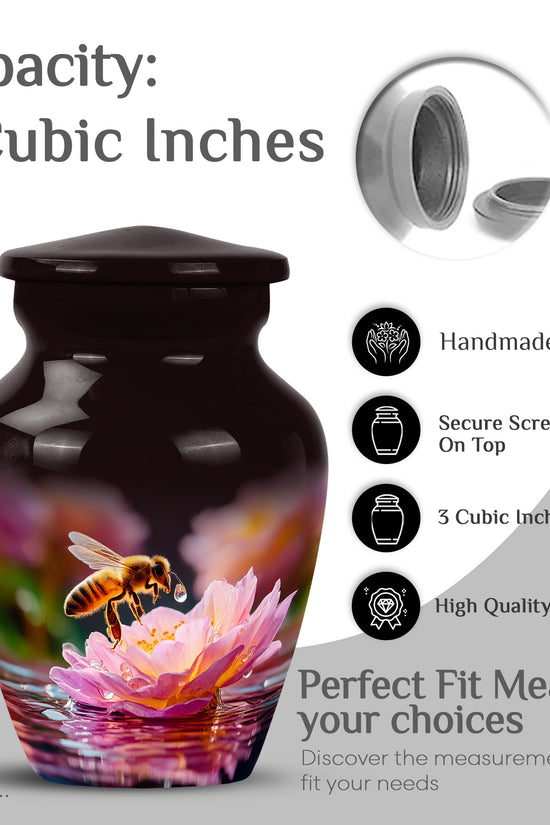 Ebony Bee Cremation Urn close-up of engraving and surface detail - timeless bee motif etched into premium metal - mini keepsake memorial for portion of cremation ashes
