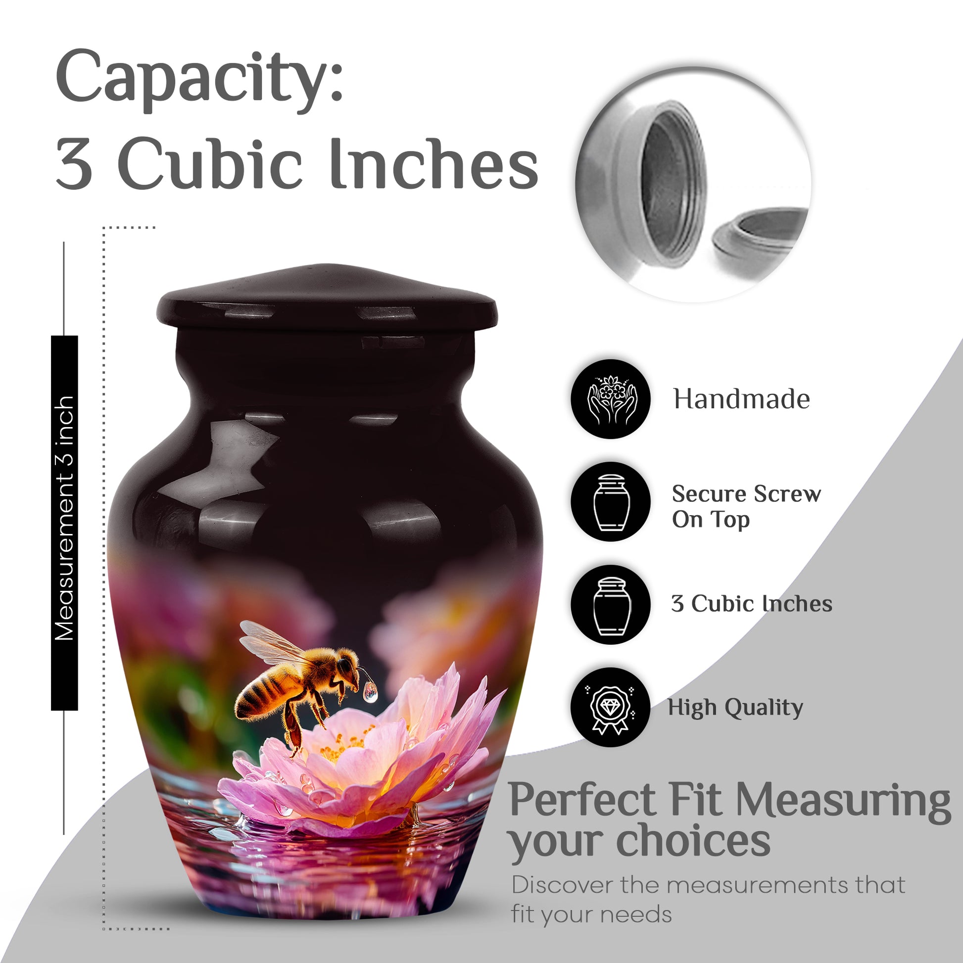 Ebony Bee Cremation Urn close-up of engraving and surface detail - timeless bee motif etched into premium metal - mini keepsake memorial for portion of cremation ashes