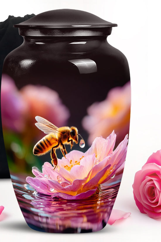 Ebony Bee Cremation Urn angled view of lid and engraved motif - classic sculpted bee pattern on smooth aluminum - full-size 10 inch 200 cubic inch adult cremation urn