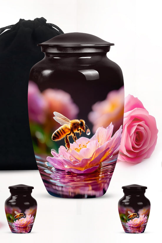 Charcoal Black Bee Cremation Urn top-down view of secure threaded lid - elegant classic bee relief with fine detailing - memorial set with one large and four small urns