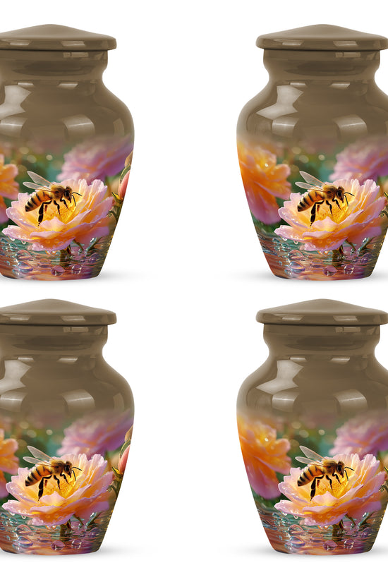 Sunrise Gold Bee Cremation Urn side profile showing urn shape - classic sculpted bee pattern on smooth aluminum - 10 inch aluminum urn for cremated remains
