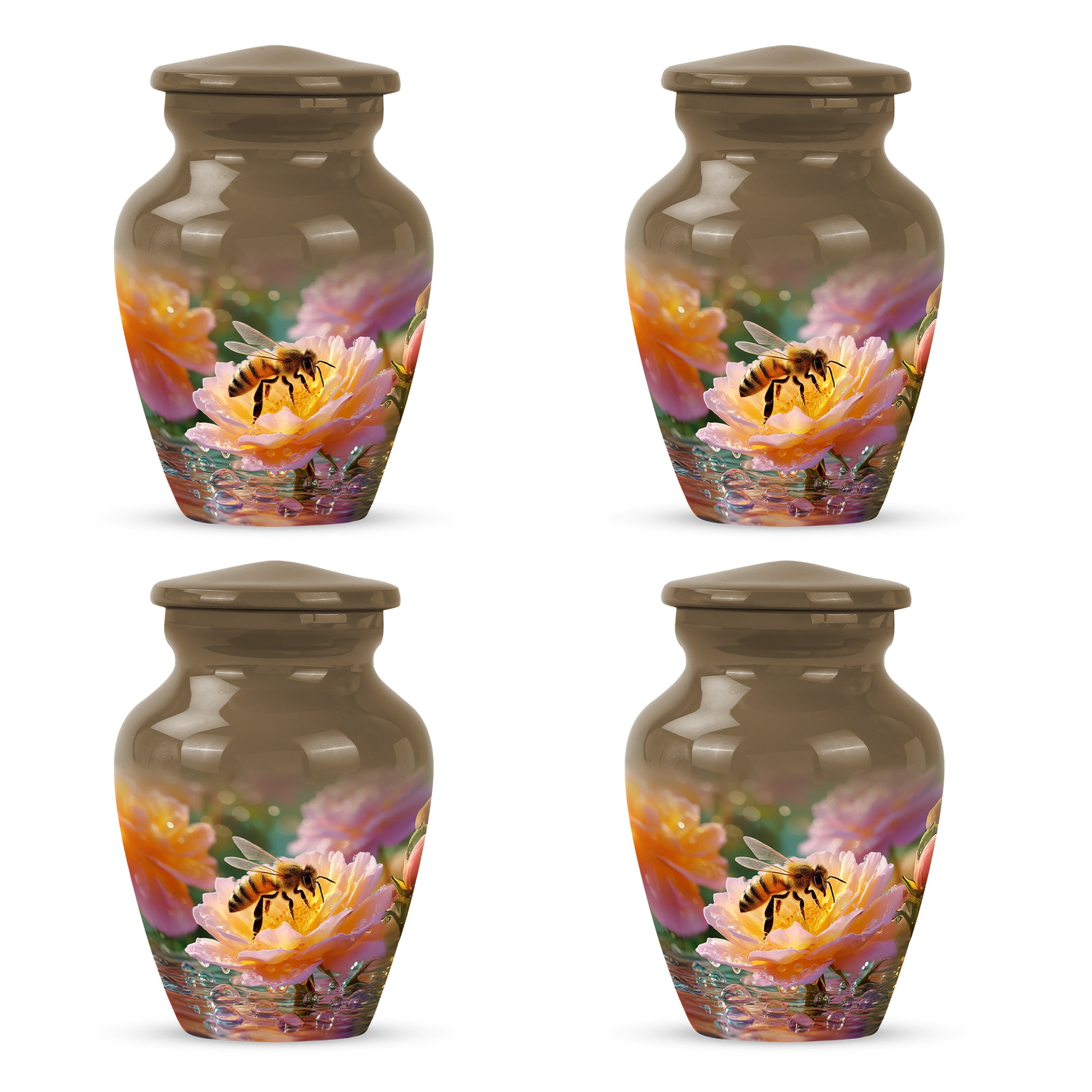 Sunrise Gold Bee Cremation Urn side profile showing urn shape - classic sculpted bee pattern on smooth aluminum - 10 inch aluminum urn for cremated remains