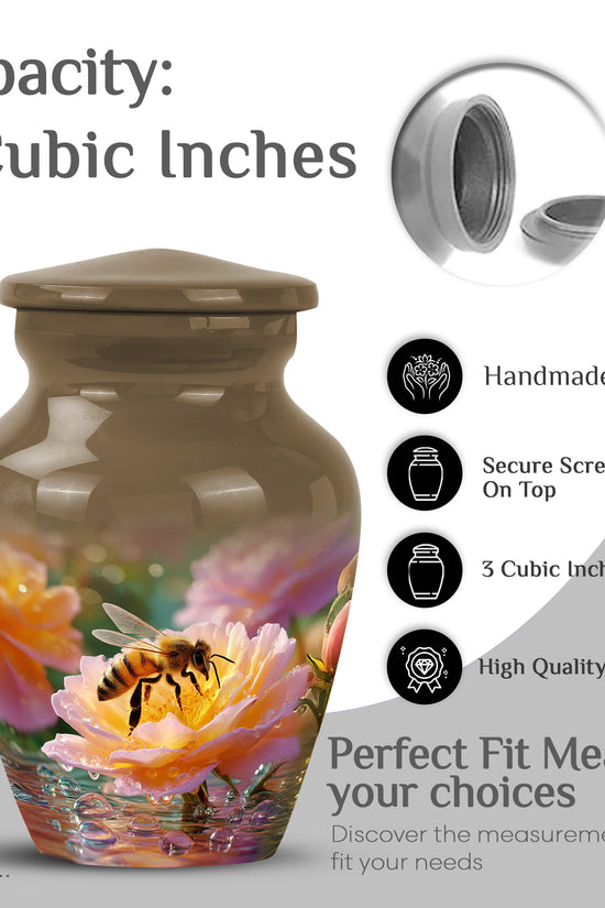 Antique Gold Bee Cremation Urn close-up of engraving and surface detail - timeless bee motif etched into premium metal - mini keepsake memorial for portion of cremation ashes