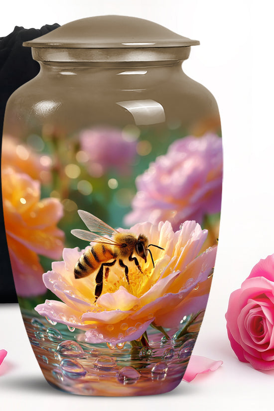 Burnished Gold Bee Cremation Urn angled view of lid and engraved motif - elegant classic bee relief with fine detailing - full-size 10 inch 200 cubic inch adult cremation urn