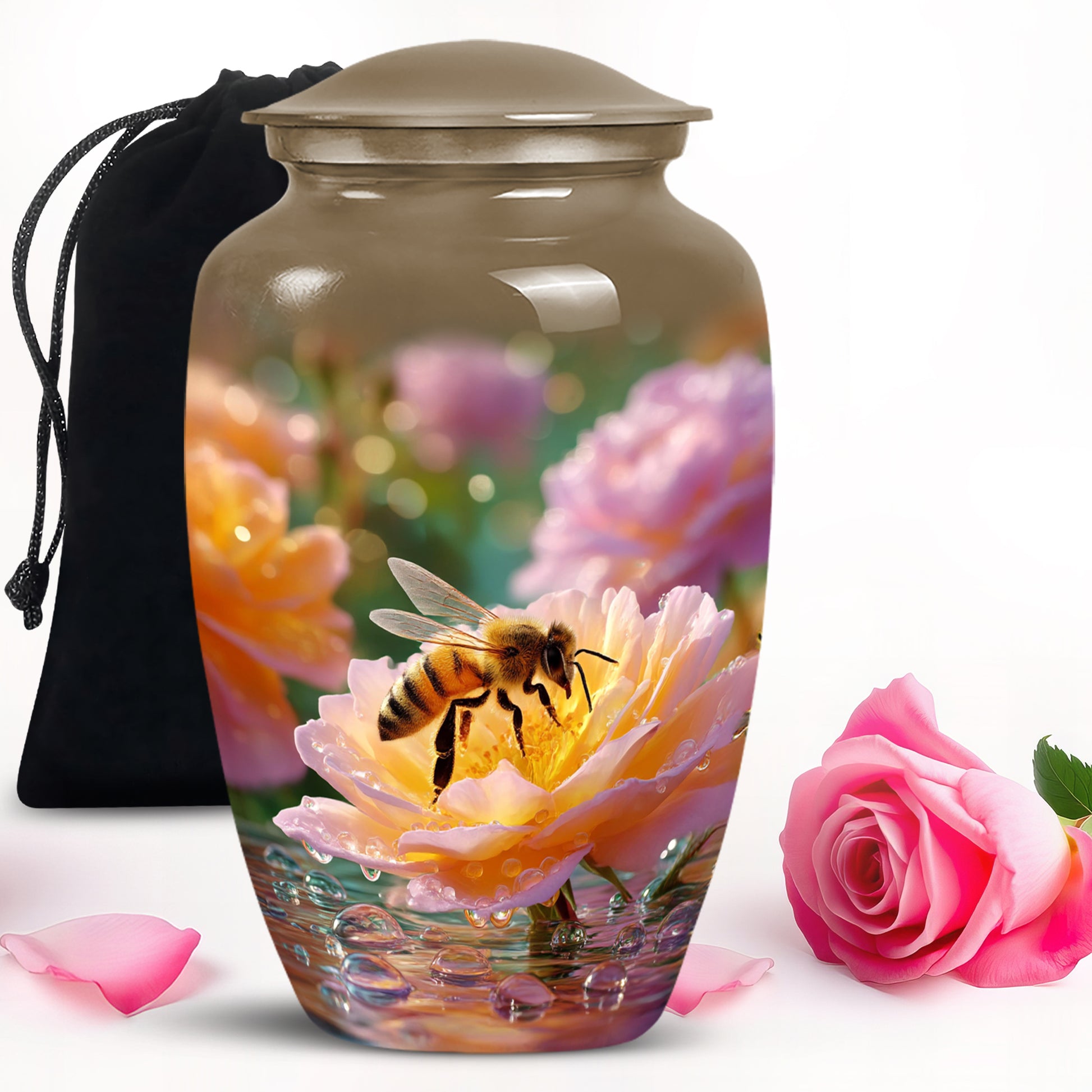 Burnished Gold Bee Cremation Urn angled view of lid and engraved motif - elegant classic bee relief with fine detailing - full-size 10 inch 200 cubic inch adult cremation urn