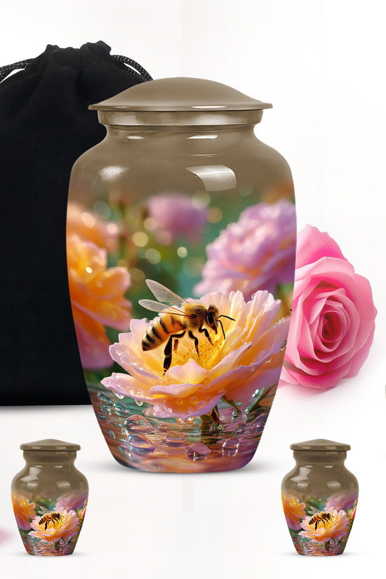 Burnished Gold Bee Cremation Urn top-down view of secure threaded lid - elegant classic bee relief with fine detailing - memorial set with one large and four small urns