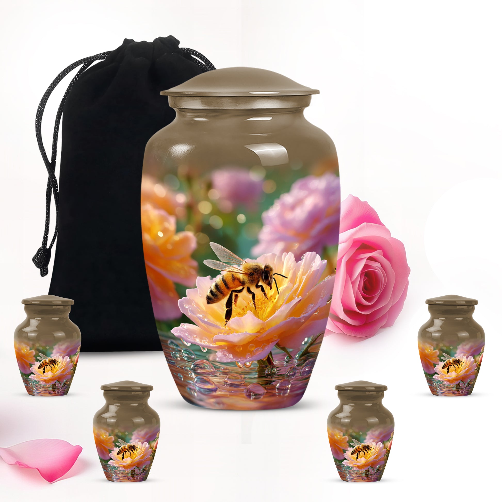Burnished Gold Bee Cremation Urn top-down view of secure threaded lid - elegant classic bee relief with fine detailing - memorial set with one large and four small urns