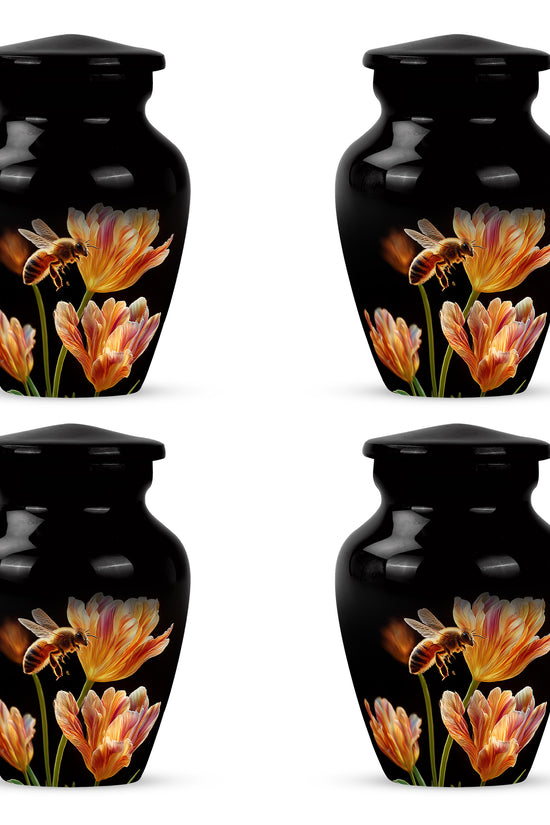 Midnight Black Bee Cremation Urn side profile showing urn shape - elegant classic bee relief with fine detailing - 10 inch aluminum urn for cremated remains