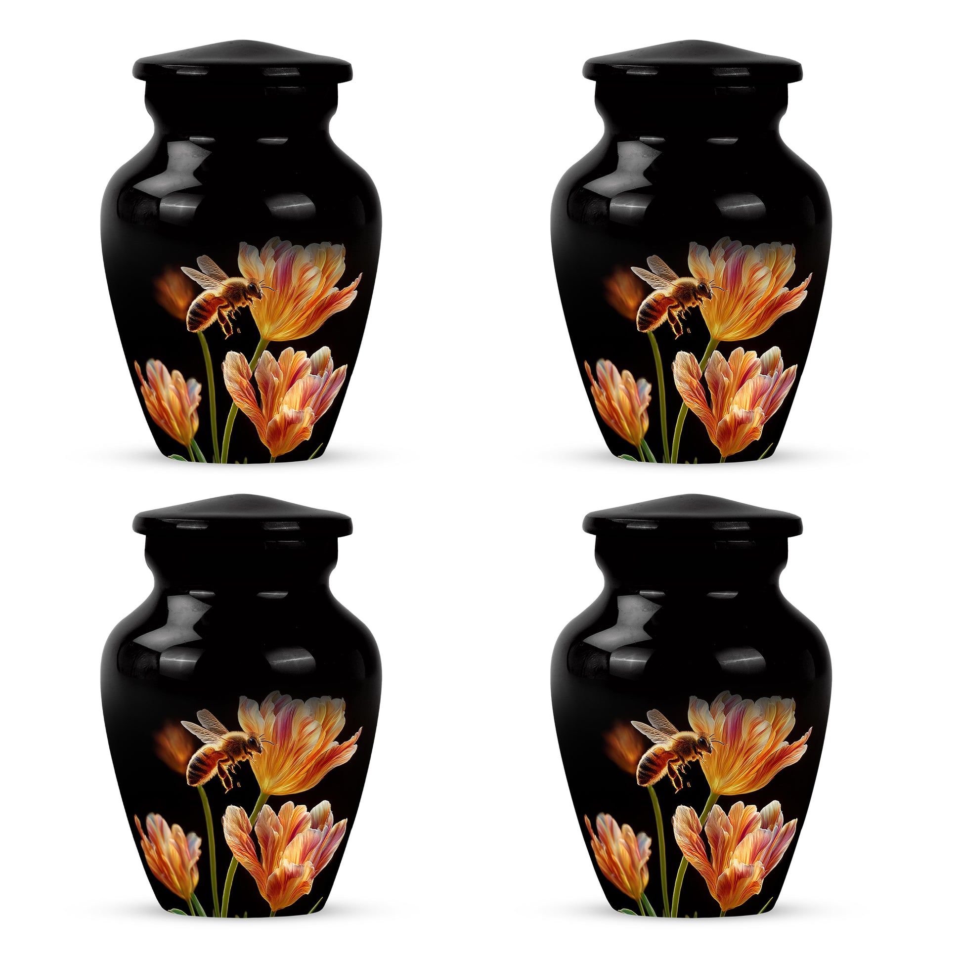 Midnight Black Bee Cremation Urn side profile showing urn shape - elegant classic bee relief with fine detailing - 10 inch aluminum urn for cremated remains