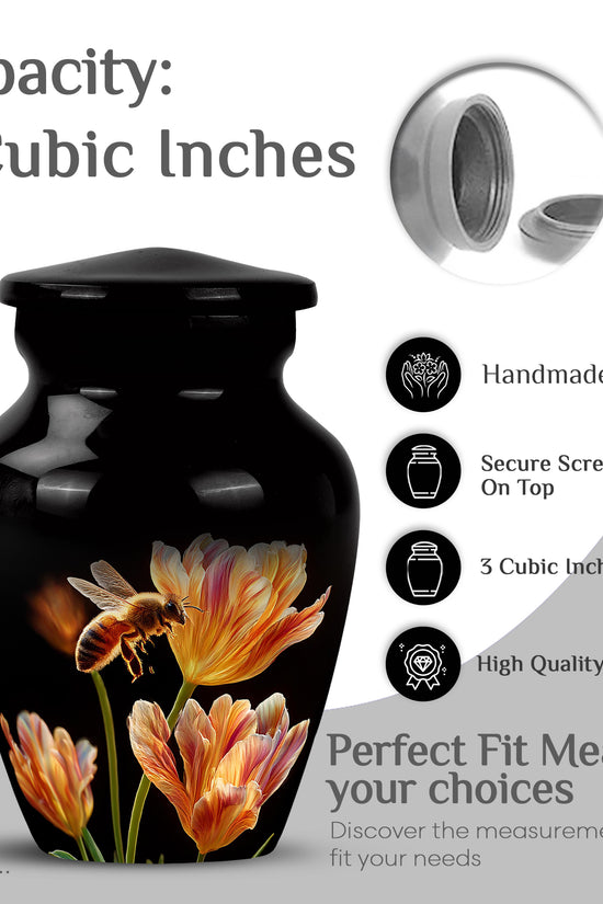 Jet Black Bee Cremation Urn close-up of engraving and surface detail - timeless bee motif etched into premium metal - mini keepsake memorial for portion of cremation ashes