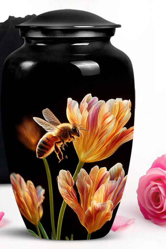 Dark Black Bee Cremation Urn angled view of lid and engraved motif - traditional bee engraving with hand-polished finish - full-size 10 inch 200 cubic inch adult cremation urn